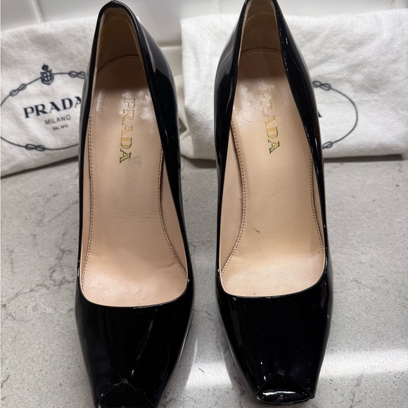 Prada Patent Leather Black Peep Toe Heels - Picture 2 of 5